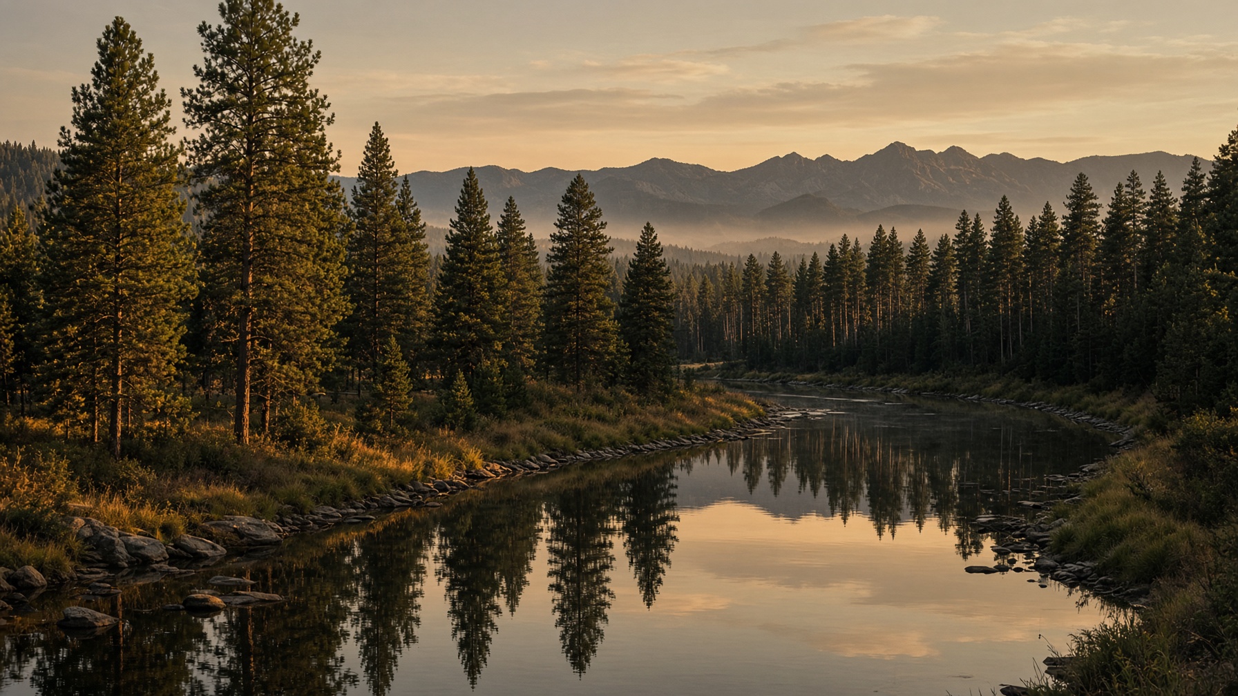 The Payette River bending through pine forest at golden hour